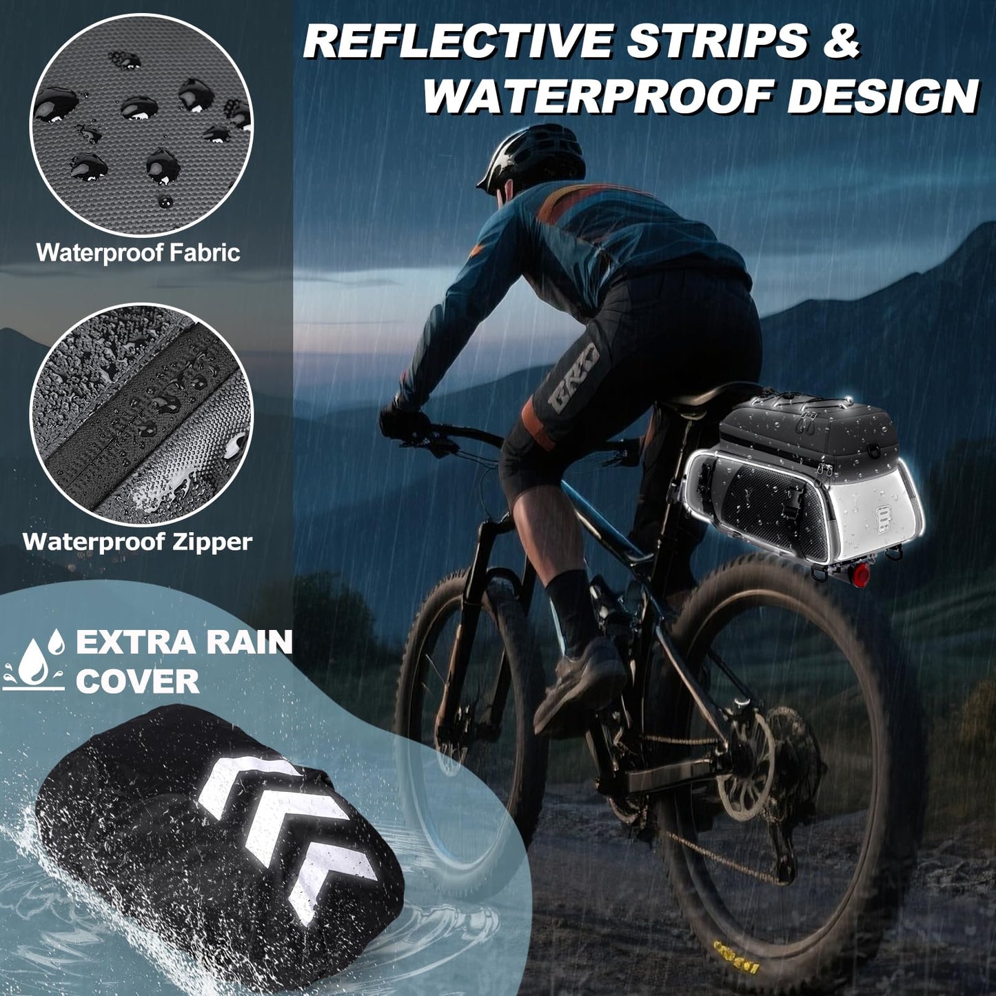 RAINSMORE 3 IN 1 Bike Bags for Rack 15L Waterproof & Reflective Bicycle Rear Rack Bag with Rain Cover Gray