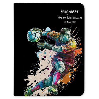 CreaDesign Customizable A4 school certificate folder for kids - 26.7 x 32.7 x 1 cm, expandable to up to 20 compartments, clear book without plastic sleeves, soccer boy goalkeeper design, document holder for students