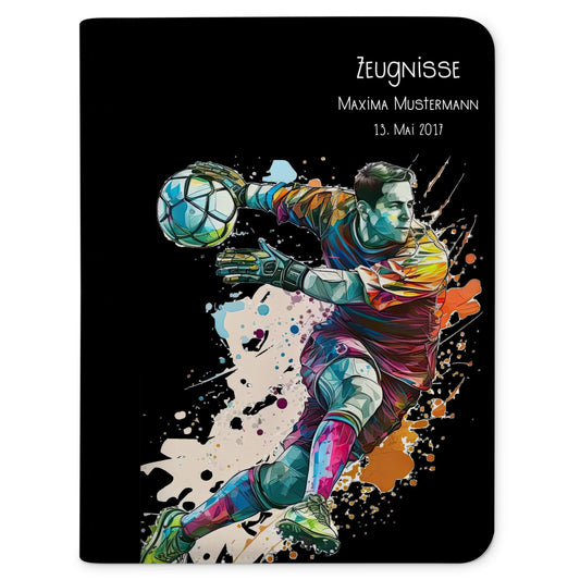 CreaDesign Customizable A4 school certificate folder for kids - 26.7 x 32.7 x 1 cm, expandable to up to 20 compartments, clear book without plastic sleeves, soccer boy goalkeeper design, document holder for students