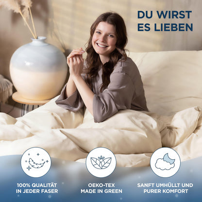 Samthus bed linen 155x220 cotton satin - Oeko-Tex Made In Green - Heavenly soft sleep - Bedding set with 1x duvet cover 155x220 + 1x pillowcase 80x80 - Duvet Cover - Beige