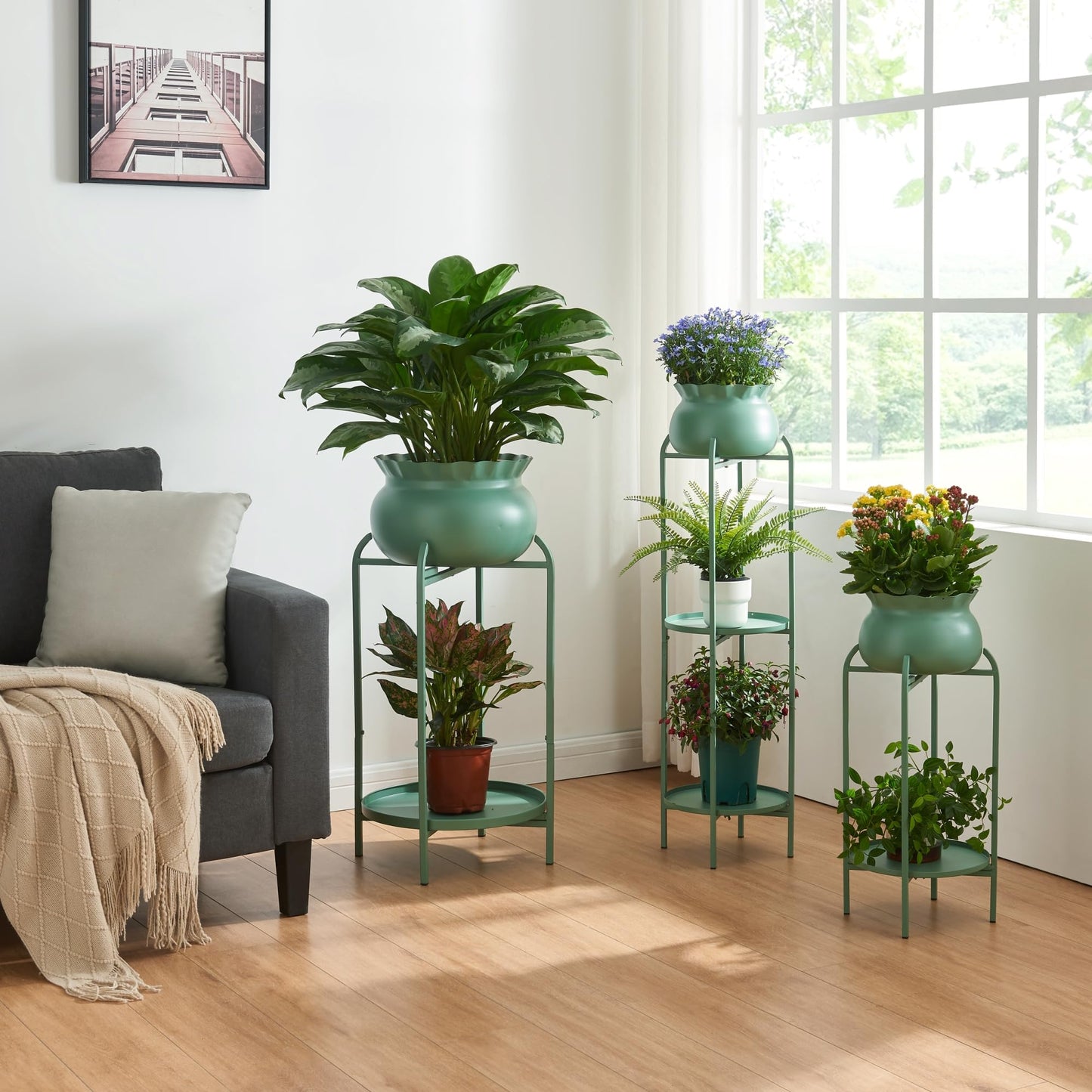 [en.casa] Altena flower stand with plant pot and shelf made of metal in green, plant shelf 80.5 x 40 x 40 cm, flower column for indoors, plant pot stand