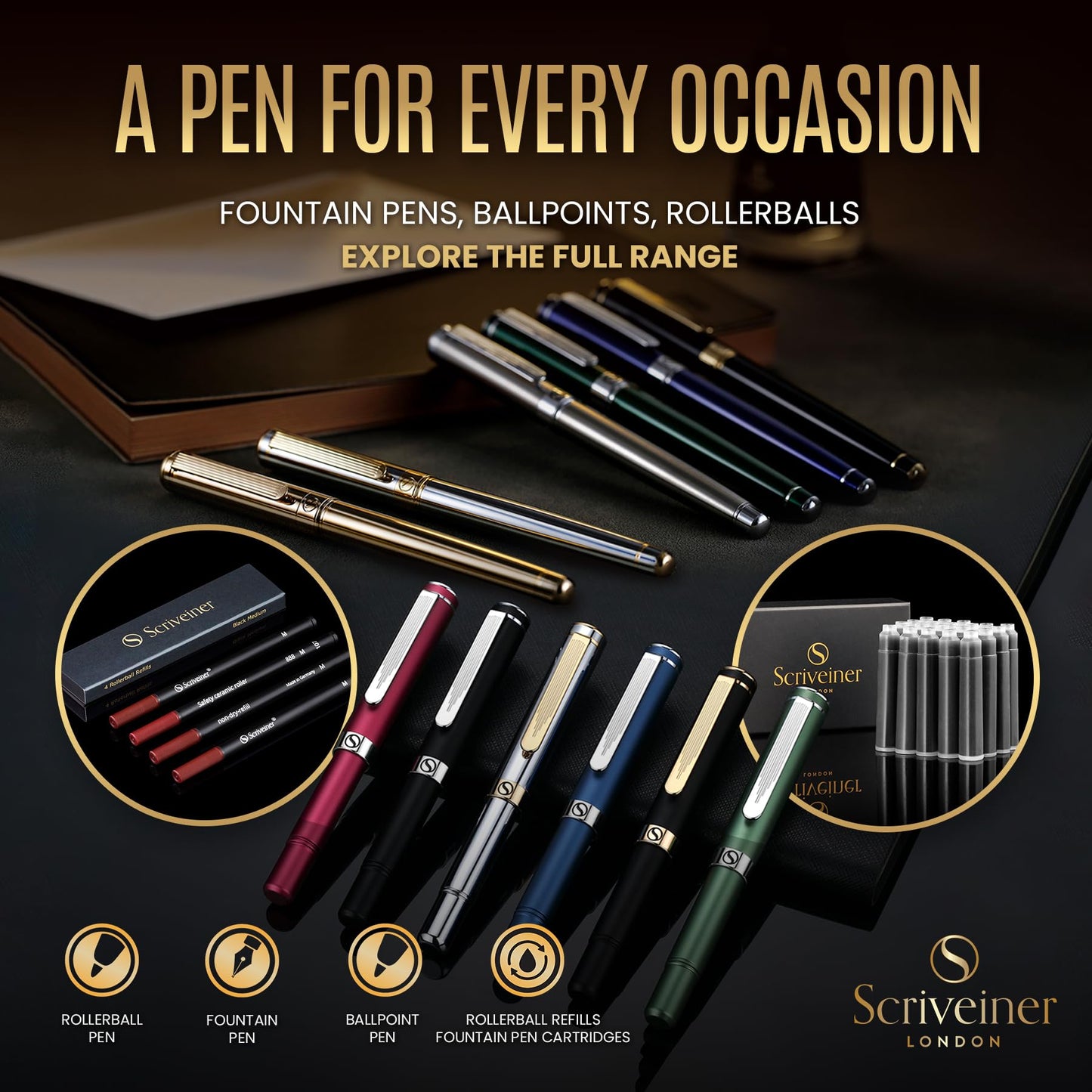 Scrivener Rollerball pen High-quality rollerball pen with real gold plating, black Schmidt replacement refill, gift box, office set, Beautiful Professional (Gold)