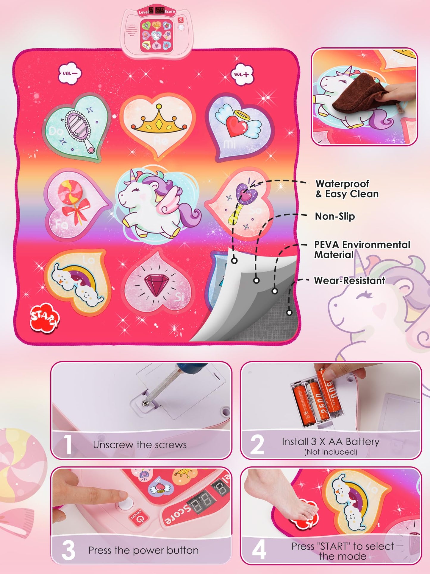 BAZADER Unicorn Dance Mat Toy Gifts for Girls Boys Ages 3 4 5 6 7 8+ Years, Music Mat with 5 Modes & 8 Built-in Songs, LED Display, Christmas Birthday Kids Toy