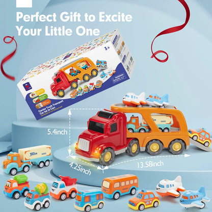 Hahaland car toy for 3 4 5 year olds, truck toy with lights and music, 10 in 1 cars transporter set kids toy, toy car gift for 3 4 5 year old boys girls.