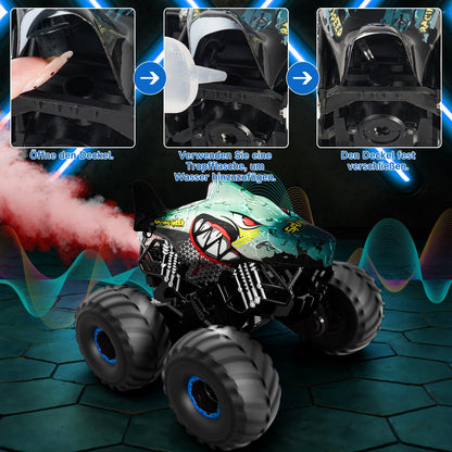 Remote control car, 1/16 monster truck with stomp and 360° rotation, Shark monster truck remote controlled with spray, lights, music, 15KM/H RC monster truck with 40MIN playtime, gift for 3 6 8 10 year old boys.