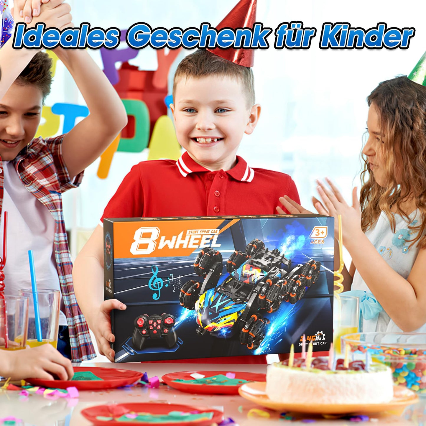 AYIQUTY Remote Control Car, Remote Control Car for 3 4 5 6 7 8 9 10 years old, 8WD Stunt and Hand Control, RC Drift with LED Light, Music, and Spray, RC Toy Gift for 3-12 years old boys