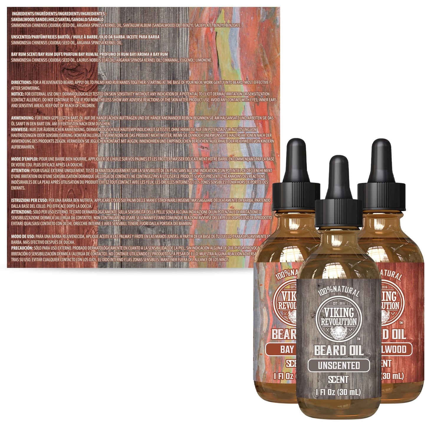 Viking Revolution - Beard Oil - Softens, Protects, and Strengthens - Made from All-Natural Bay Rum, Unscented & Sandalwood - Beard Oil for Men - Gifts for Men - Set 3 x 30 ml
