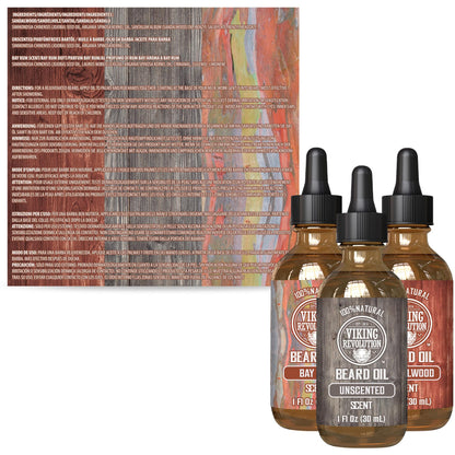 Viking Revolution - Beard Oil - Softens, Protects, and Strengthens - Made from All-Natural Bay Rum, Unscented & Sandalwood - Beard Oil for Men - Gifts for Men - Set 3 x 30 ml