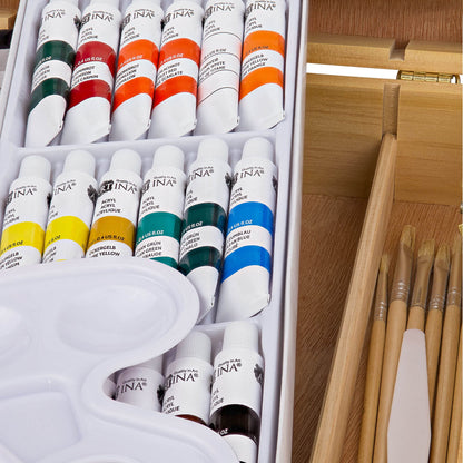 Artina 28 piece painting set Florence in a painting case - Acrylic paint set with portable easel - 18x 12ml acrylic paint, canvases, brushes & more - Premium wooden easel painting set for beginners & hobby artists.