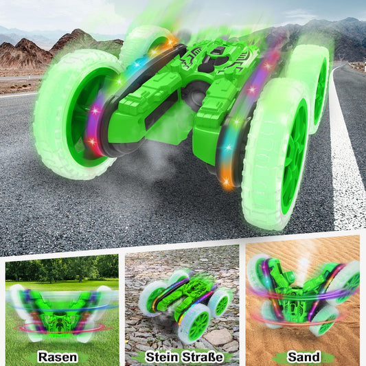 MidiVix Remote Control Car, 360° rotating 4WD RC Car with side lights and headlights, 2.4Ghz Double-sided RC Stunt Car with Spray, RC Drift Toy Car and Gifts for Kids (Green)