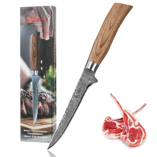 Wakoli EDIB Pro filleting knife fish | 14 cm kitchen knife made of 67 layers of Damascus steel VG10 core | boning knife with wooden handle | cutting knife for fish & meat | sharp knives in gift box