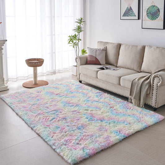 VOFUSHON Living Room High Pile Carpet, Shaggy Hallway Runner Modern Fluffy Soft Colorful Batik Carpet Large for Living Room Decor/Bedroom/Children's Room (Rainbow, 160 x 230 cm)