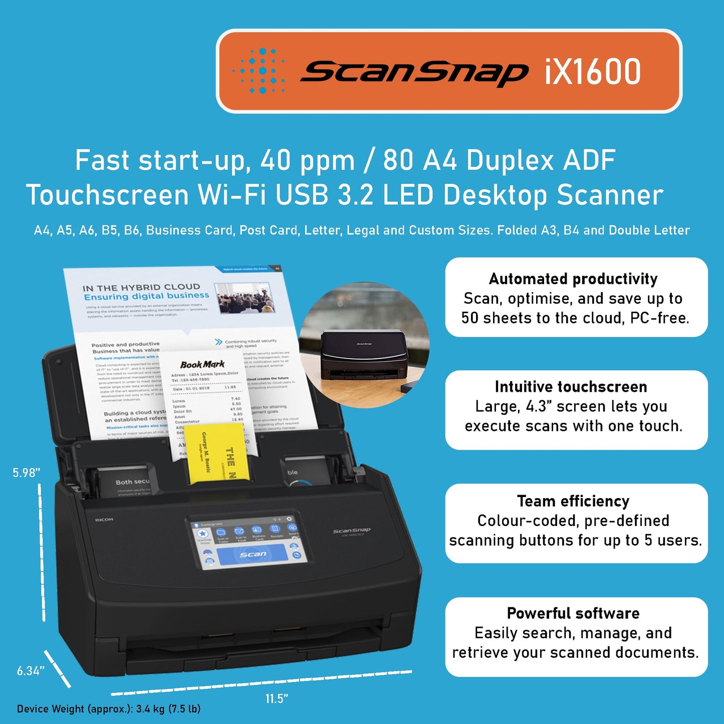 ScanSnap iX1600 Desktop Document Scanner Black - 5 GHz - Duplex, ADF, A4, WLAN, Touchscreen, USB 3.2