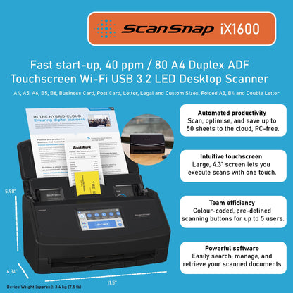 ScanSnap iX1600 Desktop Document Scanner Black - 5 GHz - Duplex, ADF, A4, WLAN, Touchscreen, USB 3.2
