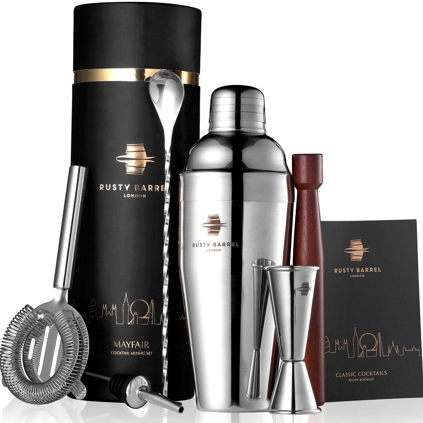 Rusty Barrel Mayfair Cocktail Set - Stainless Steel Cocktail Shaker Set with Bar Accessories | Professional Cocktail Mixing Set in Luxurious Gift Box