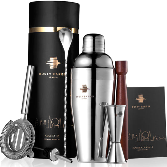 Rusty Barrel Mayfair Cocktail Set - Stainless Steel Cocktail Shaker Set with Bar Accessories | Professional Cocktail Mixing Set in Luxurious Gift Box
