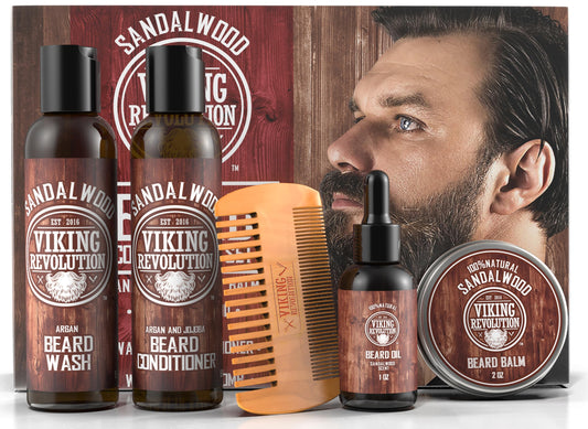 Viking Revolution - Beard Care Kit for Men - Conditioner Men Set Smooth & Relieve Beard Itch - Includes Beard Shampoo, Conditioner, Beard Oil, Beard Balm & Beard Comb Gifts For Men Sandalwood