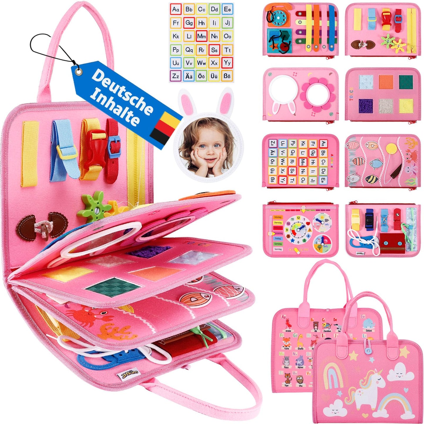 JHkim Busy Board German Montessori Toy for 1 2 3 4 year olds, boys & girls, kids sensory gift, Activity Board learning toy, Motor Skills toy for travel car & plane.