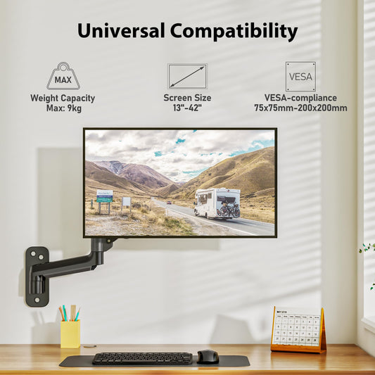 BONTEC 13-42 inch monitor wall mount with VESA Extension Kit for PC monitor & TV up to 9 kg, Fully Adjustable Gas Spring, Tilt & Swivel, Height Adjustable, max VESA 200x200 mm.