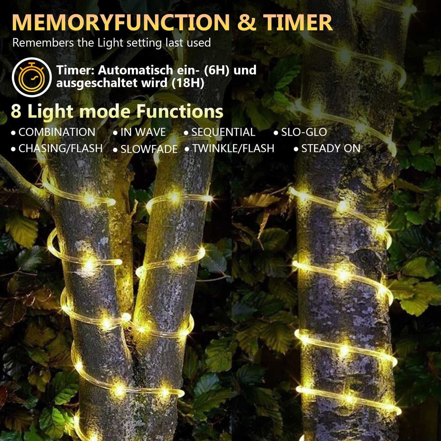 50m LED strip light, 1200 LEDs rope light 8 modes, outdoor LED tube light chain with timer for indoor outdoor garden party Christmas decoration - warm white