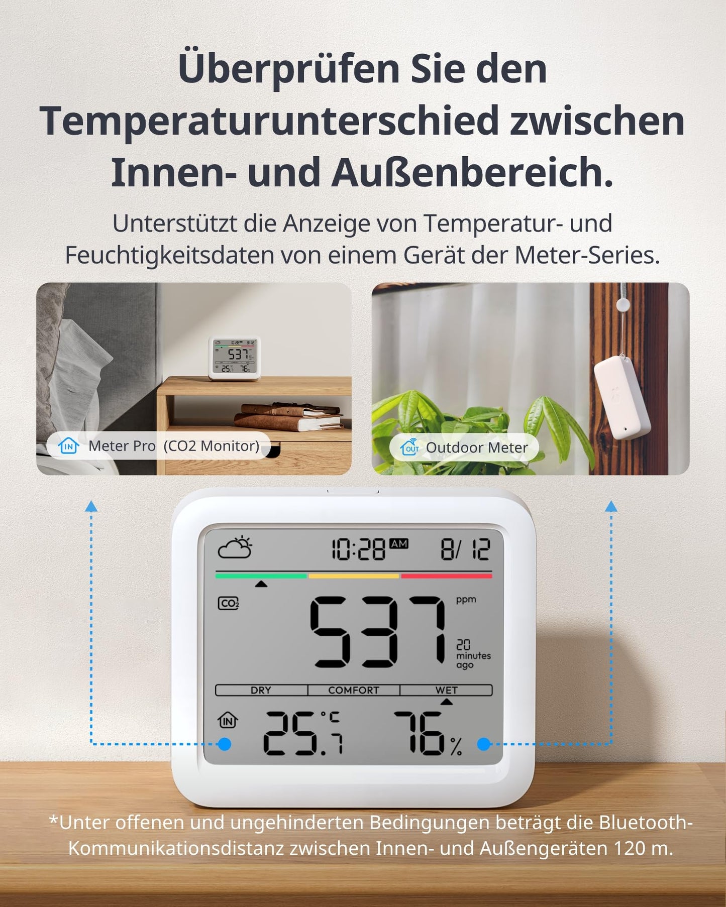 SwitchBot CO2 monitor, CO2 meter with thermometer hygrometer, indoor air quality monitor with CO2 alarm, Bluetooth CO2 sensor with app, 2-year data storage, hub required.