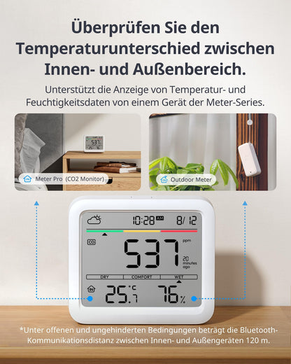 SwitchBot CO2 monitor, CO2 meter with thermometer hygrometer, indoor air quality monitor with CO2 alarm, Bluetooth CO2 sensor with app, 2-year data storage, hub required.