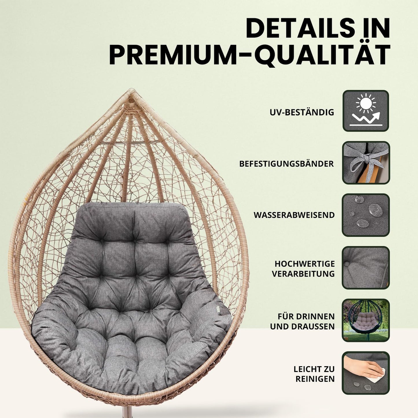 Bjird hanging chair cushion, pad, cushion for polyrattan & rattan hanging swing, seat cushion for hanging basket - round seat cushion - back cushion for hanging seat - indoor & outdoor - graphite eco-linen.