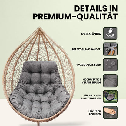 Bjird hanging chair cushion, pad, cushion for polyrattan & rattan hanging swing, seat cushion for hanging basket - round seat cushion - back cushion for hanging seat - indoor & outdoor - graphite eco-linen.