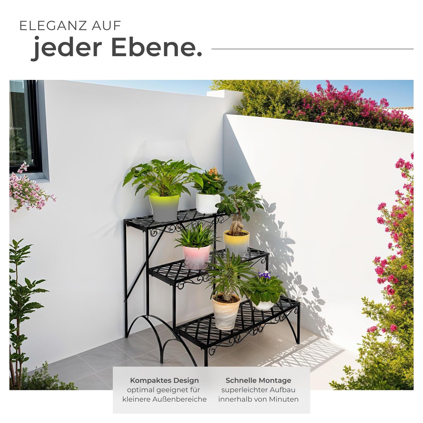 tectake® Plant stand, metal flower shelf, plant bench with 3 steps, plant rack, outdoor plant rack, flower shelf, flower stool approx. 60x60x60cm (steps straight | Number 401711)