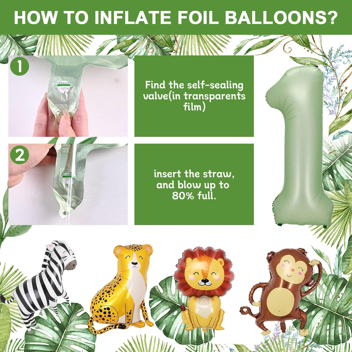 Decoration 1st Birthday Boy Girl, Birthday decor 1 year, Green 1st Birthday, Jungle Birthday decor 1 year for children's birthday decor 1 year with Safari balloons 1st Birthday for Deco 1