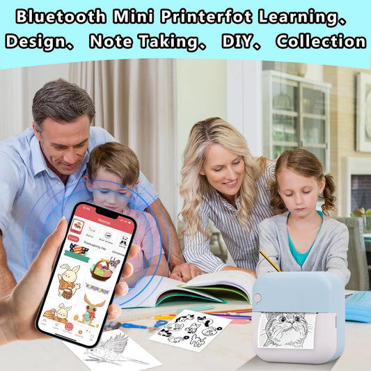 GuKKK Mini Printer, Mobile Photo Printer, Portable Mini Photo Printer, Wireless Photo Printer Thermal Printer, with 13 Rolls of Printer Paper and 5 Colored Pencils, Smartphone Bluetooth Printer, for Lists, Journals