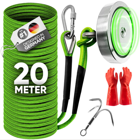 Jungle Monkey - 400kg magnet fishing set [DEKRA tested]. Strong neodymium magnet with grappling hook, waterproof gloves & rope for magnet fishing - fishing with magnet fishing.