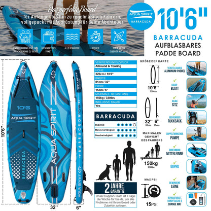 Aqua Spirit SUP Inflatable Stand-Up Paddle Board 2024 | 320x81x15cm | Complete Kayak Conversion Kit with Paddle, Backpack, Pump, and more accessories | Adult Beginners/Experts | 2-year warranty