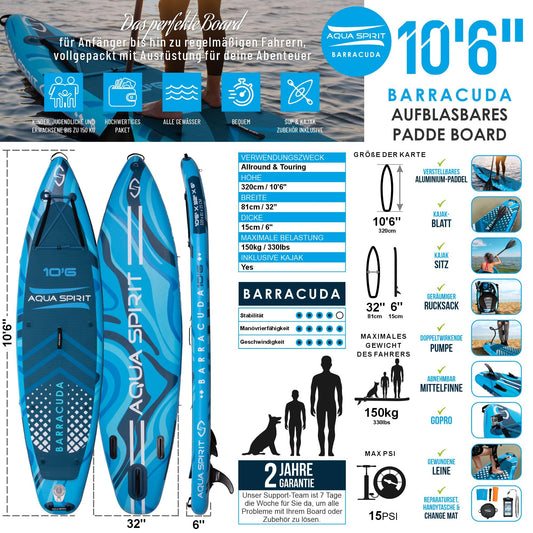 Aqua Spirit SUP Inflatable Stand-Up Paddle Board 2024 | 320x81x15cm | Complete Kayak Conversion Kit with Paddle, Backpack, Pump, and more accessories | Adult Beginners/Experts | 2-year warranty