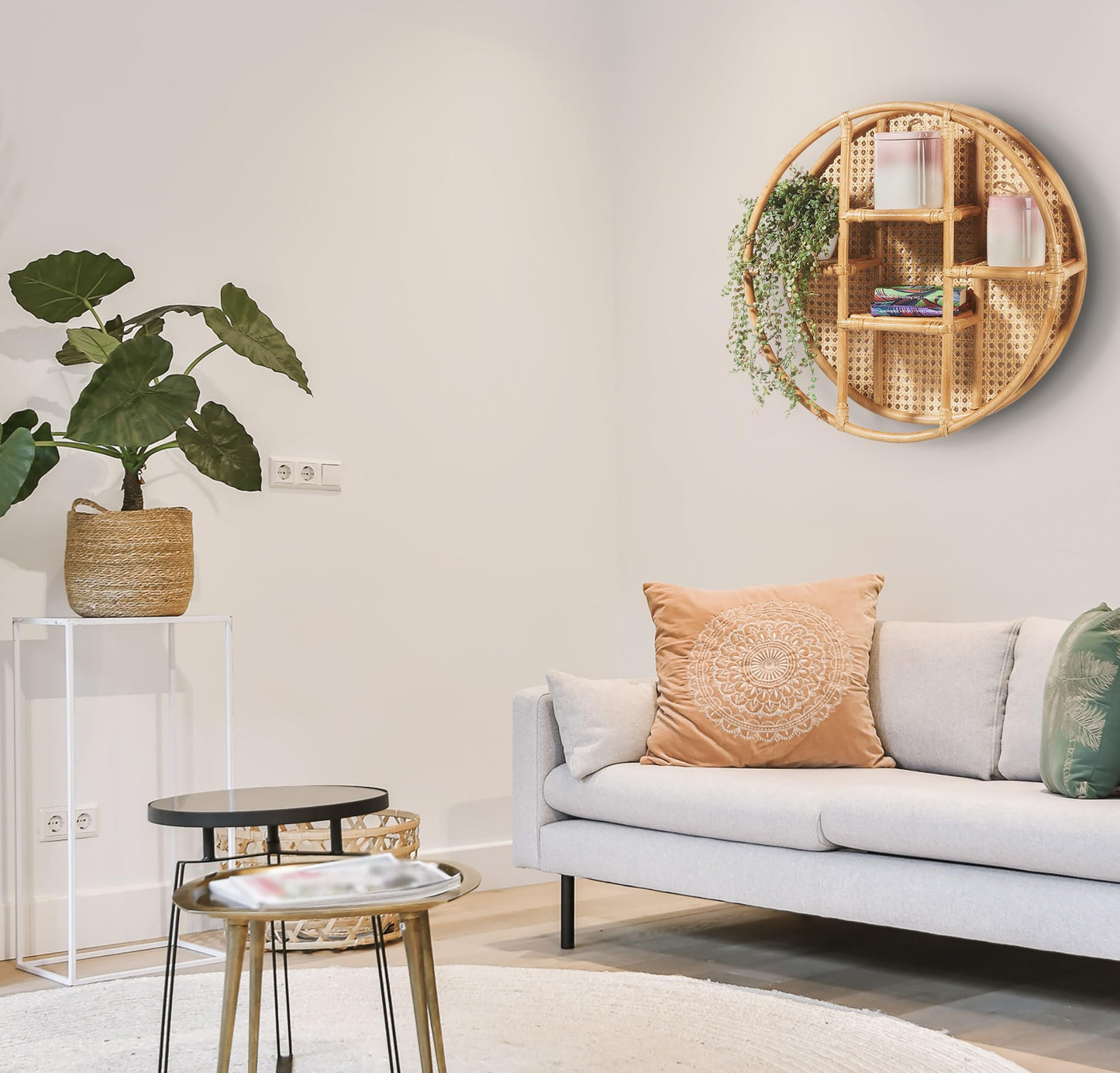Kobolo Vienna Rattan Hanging Shelf - with Viennese weave - 4 shelves - round - 60cm