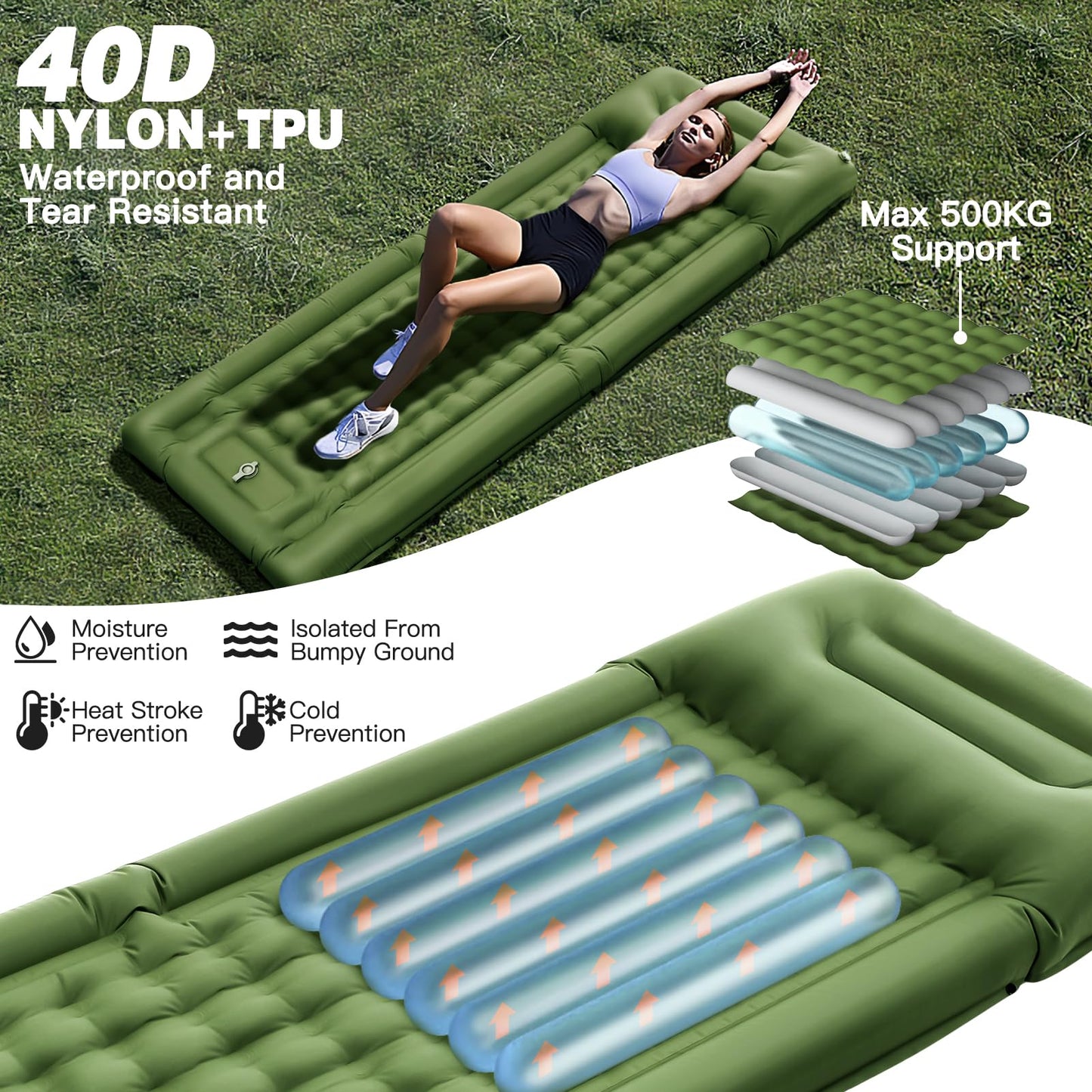 Self-inflating sleeping pad, 12CM thickened air mattress for camping with pillow and foot pump. Ultralight waterproof camping mat for hiking, beach, outdoor, and tent.