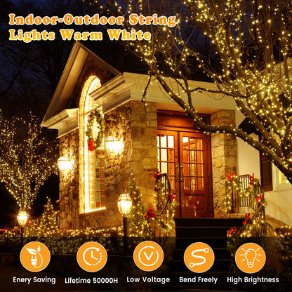 Elegear 2000 LEDs String Lights Outdoor 50M Christmas Lights Powered by Electricity Christmas Decor 8 Modes Warm White LED String Lights for Indoor Outdoor New Year Christmas Tree Party Hotel Garden Wedding
