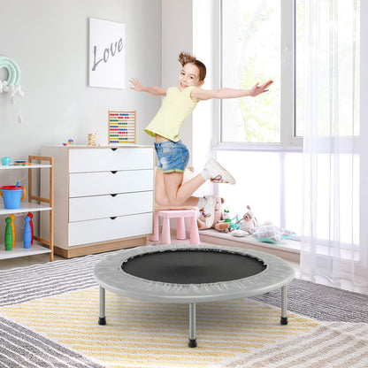 COSTWAY 97cm Mini Trampoline, foldable fitness trampoline for kids and adults up to 150kg, suitable for indoor and outdoor use. Available in grey.