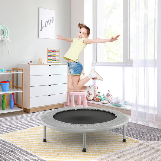 COSTWAY 97cm Mini Trampoline, foldable fitness trampoline for kids and adults up to 150kg, suitable for indoor and outdoor use. Available in grey.