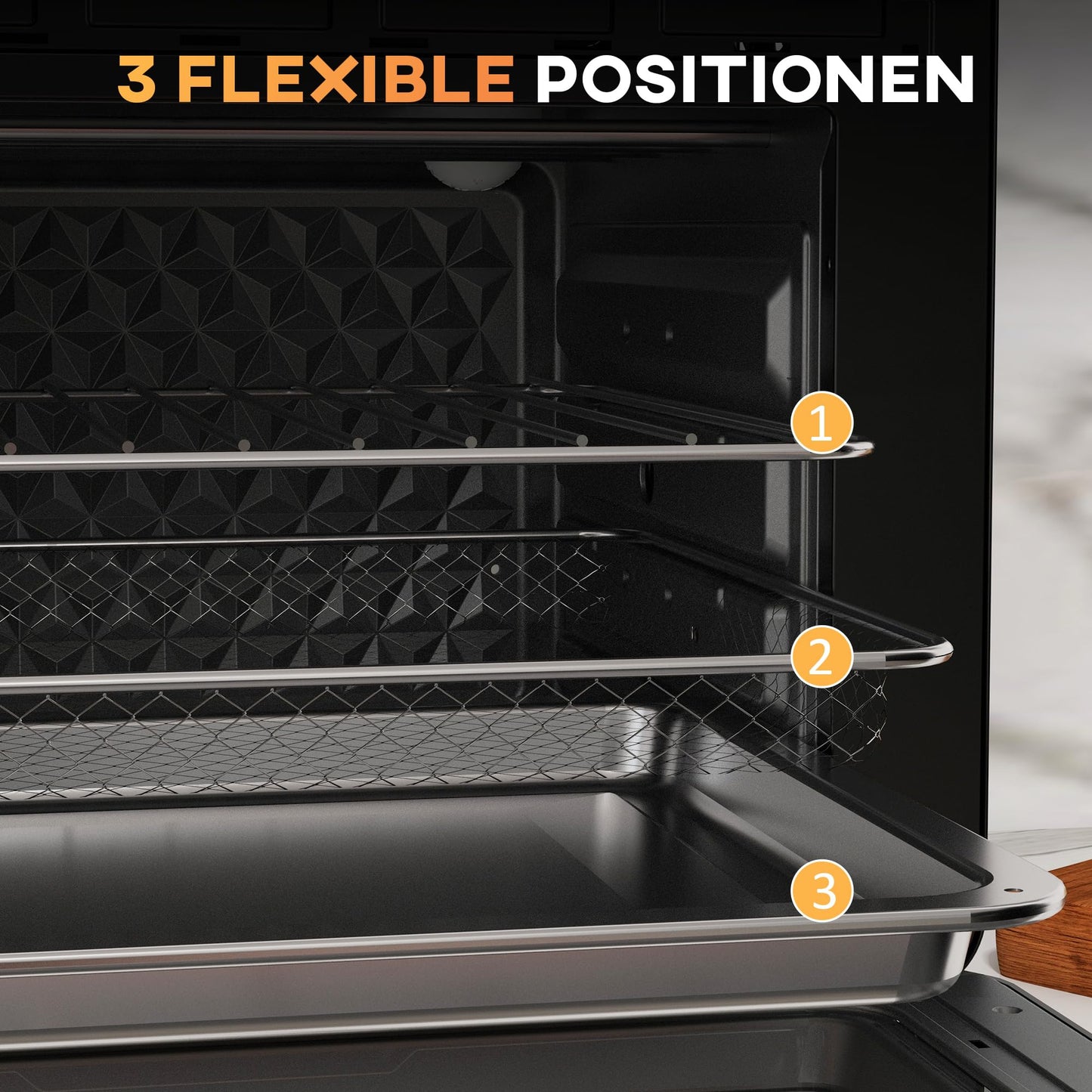 HOMCOM mini oven with convection 20L includes baking tray, grill rack, and crumb tray. Temperature range from 90°C to 230°C, 5 modes, fry basket, 60 min. timer, 1400W, metal construction.