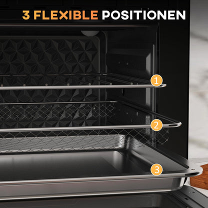 HOMCOM mini oven with convection 20L includes baking tray, grill rack, and crumb tray. Temperature range from 90°C to 230°C, 5 modes, fry basket, 60 min. timer, 1400W, metal construction.