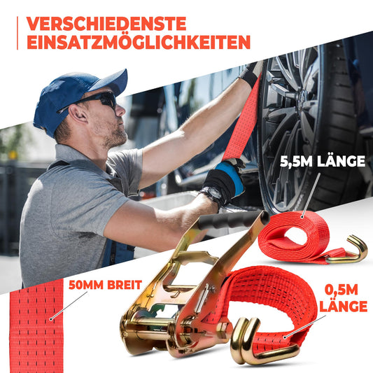 2 pieces | Lashing Straps | 6m | 5t (2500/5000 daN, kg) Weatherproof & robust ratchet straps | TÜV/GS certified | Two-piece | 50mm | with ratchet and hooks