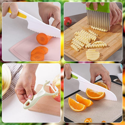 Leking 8-Pcs Wooden Children's Kitchen Knife, Plastic Children's Knife Set includes Wooden Child Safe Knife, Serrated Edge Plastic Knife, Potato Cutter, Sandwich Cutter, Y Peeler, Cutting Board