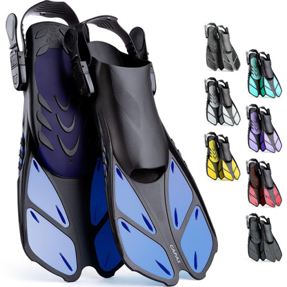 CAPAS snorkel fins, swim fins travel size short adjustable for snorkeling diving adults men women kids open heel dive fins (blue, L/XL)