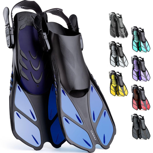 CAPAS snorkel fins, swim fins travel size short adjustable for snorkeling diving adults men women kids open heel dive fins (blue, L/XL)