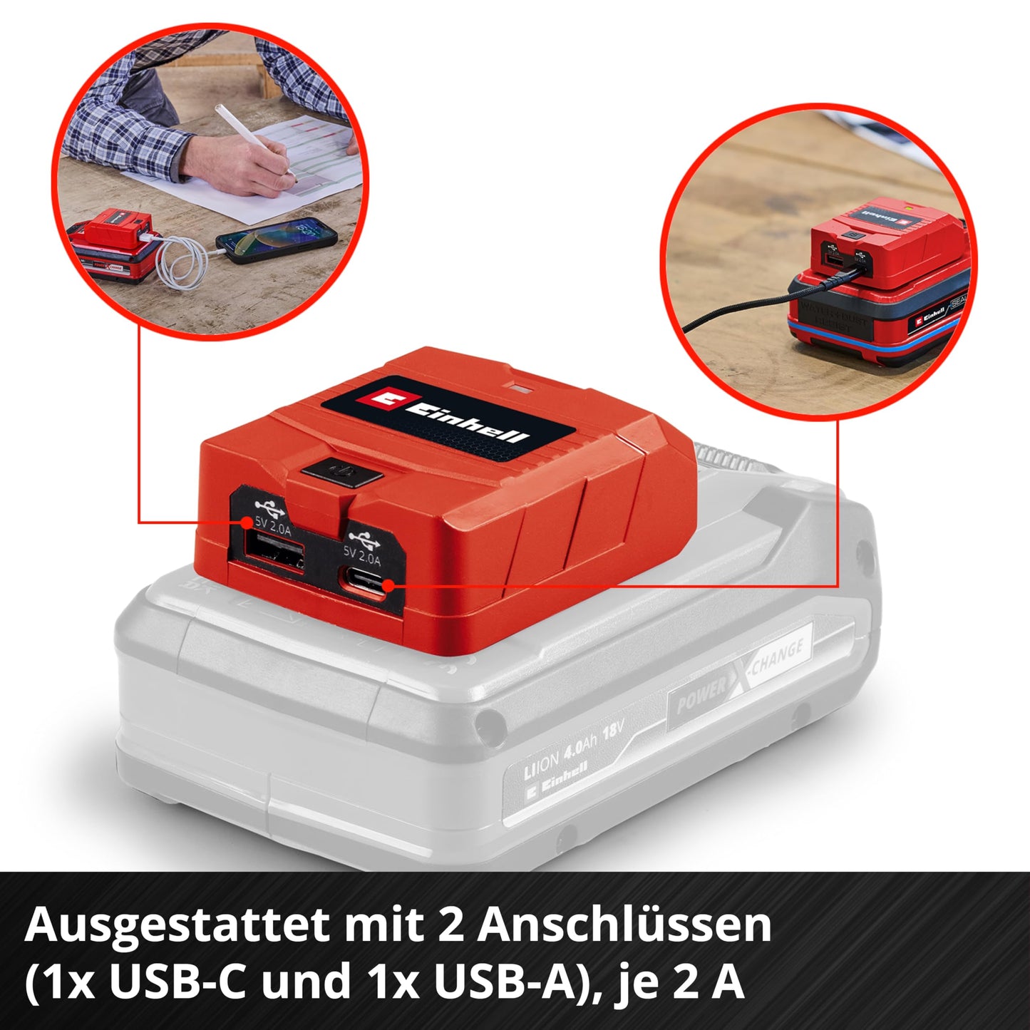 Einhell USB Battery Adapter TC-CP 18 Li USB A/C-Solo Power X-Change (18 V, mobile charging of smartphone, tablet and more, 1x USB-A port, 1x USB-C port, without battery)