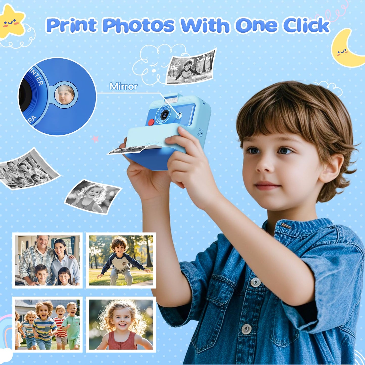 CAMCLID instant camera for kids, 3.0 inch screen children's camera instant camera, 48MP/2.5K UHD children's camera instant print with 32GB card, toy gift for boys and girls 3-12 years old (blue)