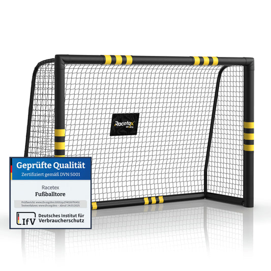 Racetex soccer goals for garden, kids, and adults with anti-rust coating. Includes ground anchors for optimal stability and padding all around (180cm x 120cm).
