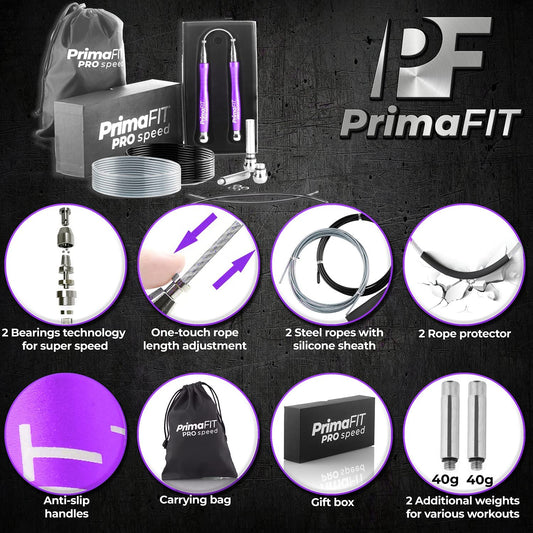 PrimaFIT adult Fitness Pro Speed Jump Rope 3m adjustable with weights, 2 ball bearings & anti-slip handles, professional skipping for boxing, MMA, Crossfit, extra steel rope, bag
