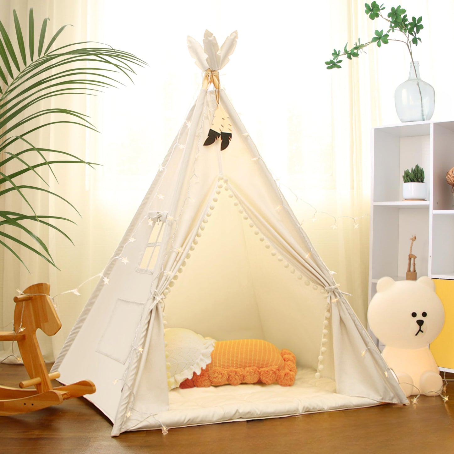 LIONHERZ® THE ORIGINAL Teepee Tent for Kids made of 100% cotton with mat, stabilizer, feather decoration & bag [Stable] Play tent in children's room | Indoor children's tent | Play cave Teepee tent (Pure White)